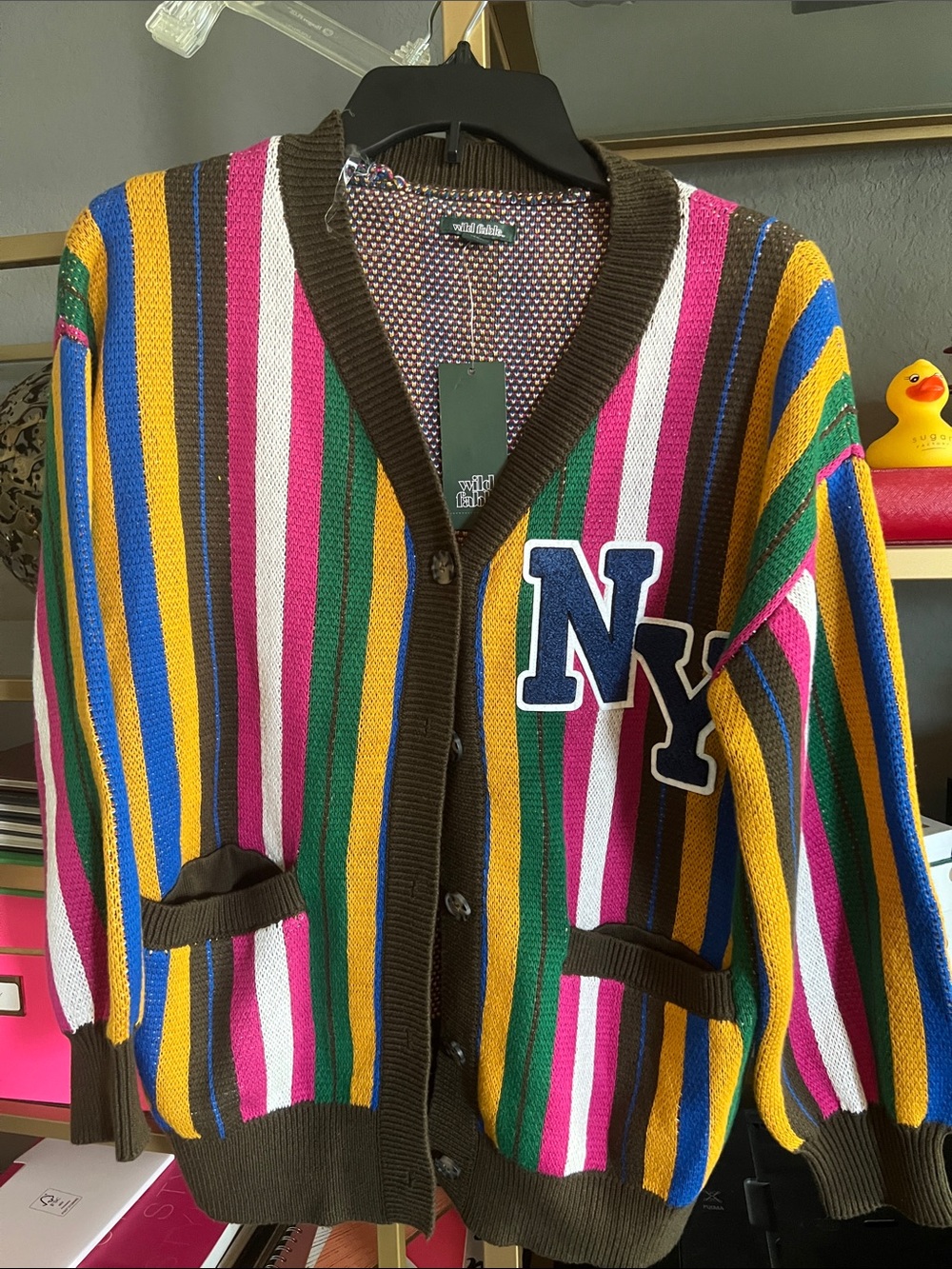 wild fable Multicolor Striped Cardigan with NY Patch